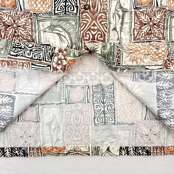 AFTCO Bluewater Hawaiian Shirt Polynesian Fishing Palm Trees Made USA Men Large - Picture 10 of 12